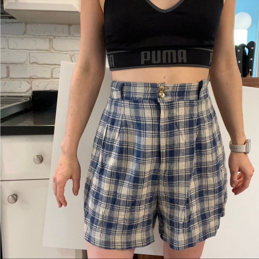 Super high rise vintage linen plaid shorts navy tan state of the art mom